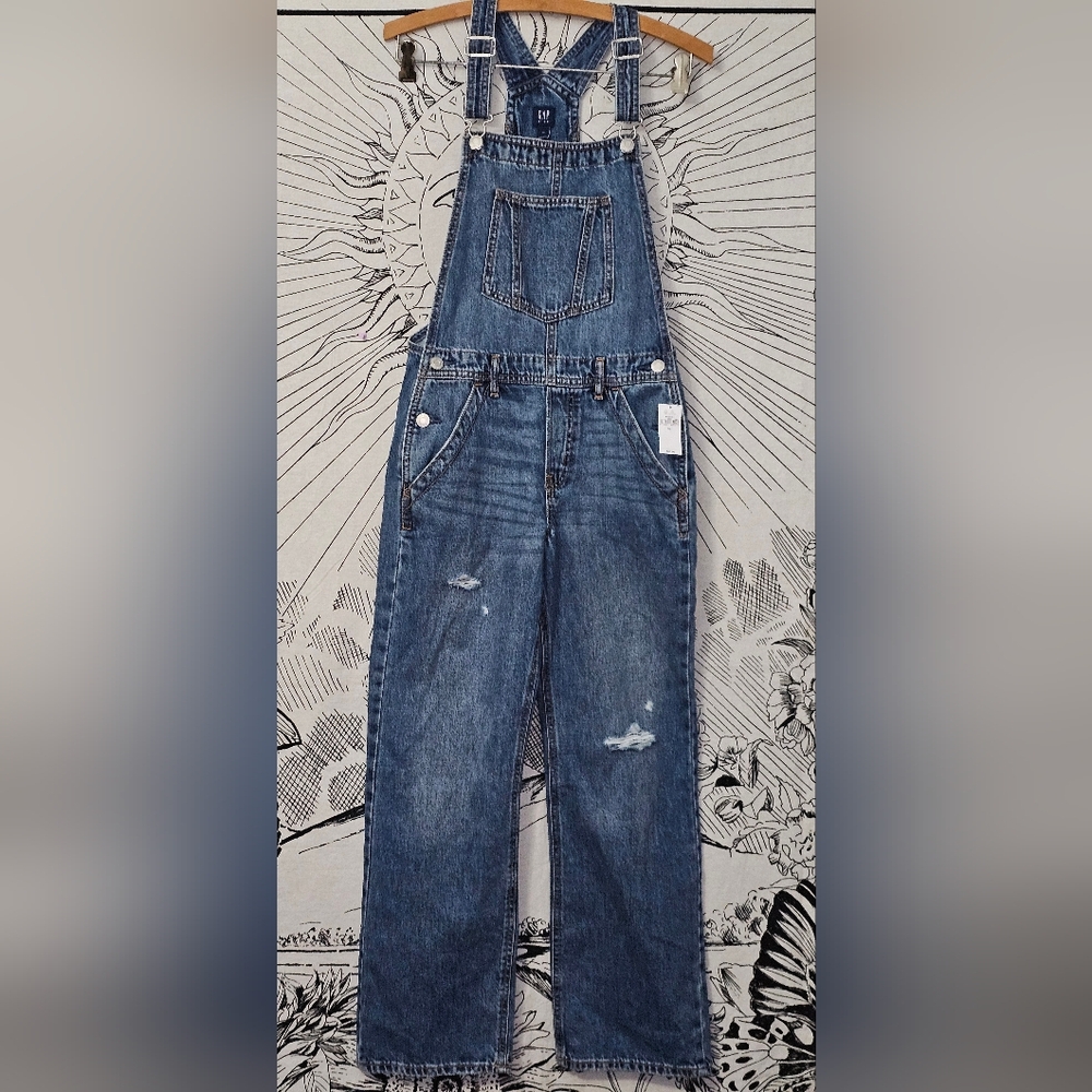 NWT GAP KIDS Sz XL Distressed Blue Denim Jean Overalls